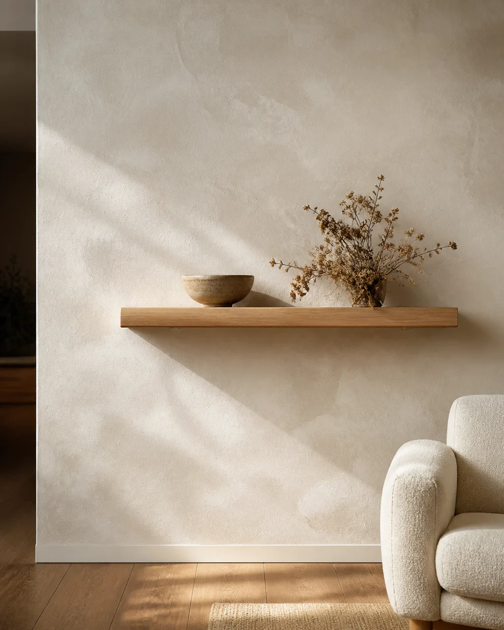 A living room wall with a hand-applied limewash finish in warm off-white showing subtle trowel marks and tonal variation with a wooden floating shelf at eye level and a ceramic bowl and dried florals