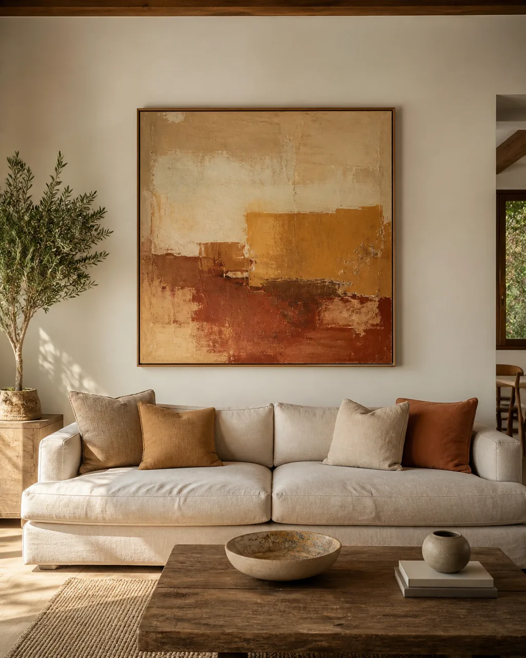 A large-scale abstract painting in muted earth tones of ochre burnt sienna and cream hanging on a white living room wall above a low linen sofa in a slim natural-wood float frame in warm daylight
