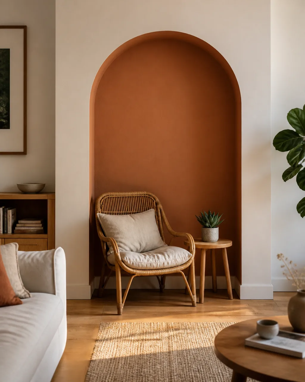 A painted arch in warm terracotta color on a white living room wall framing a rattan accent chair with a linen cushion and a small round side table with a potted succulent in warm morning light