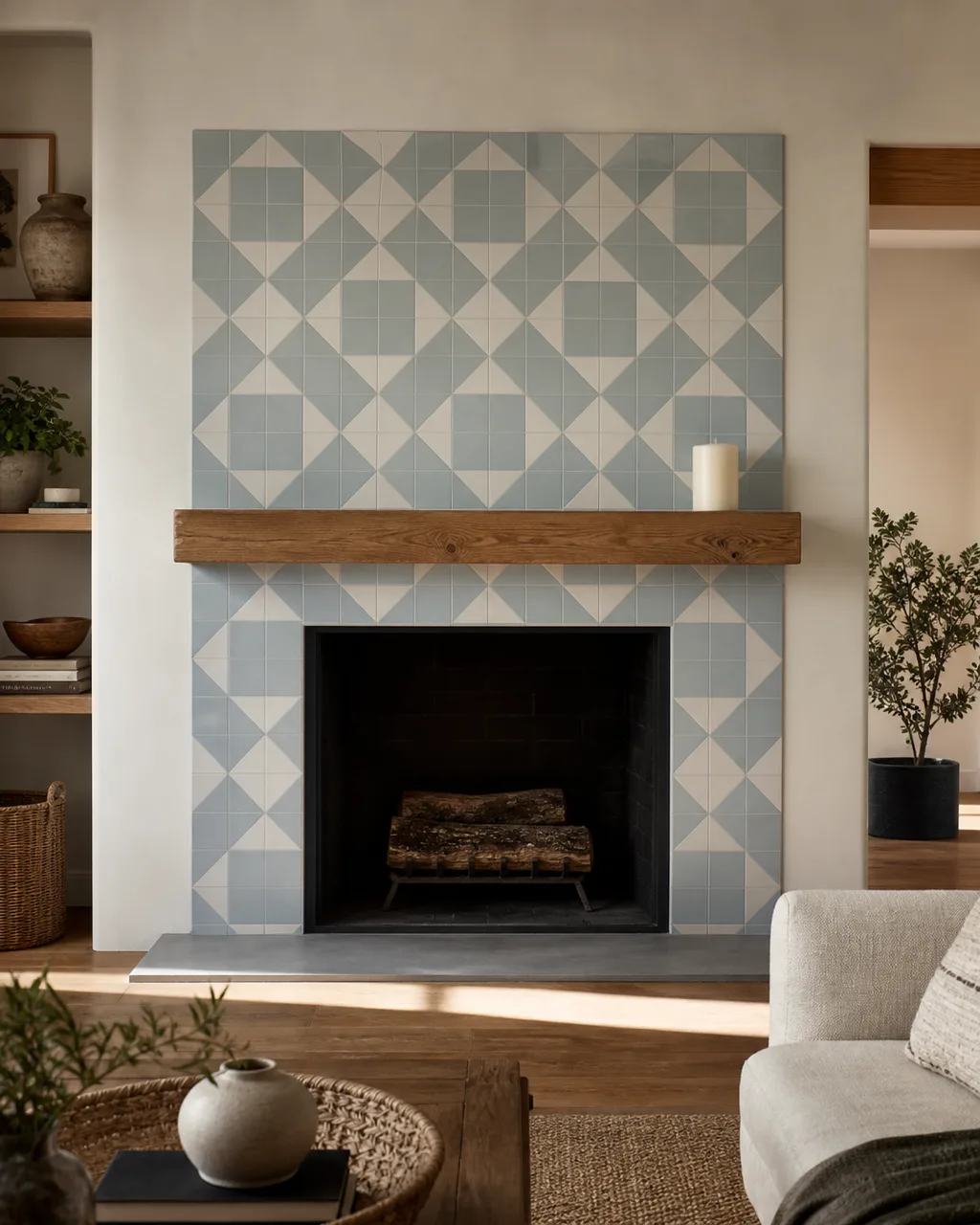 A section of living room wall around a fireplace surround covered in handmade cement tiles with a geometric pattern in soft blue and white with a wooden mantel holding a single pillar candle