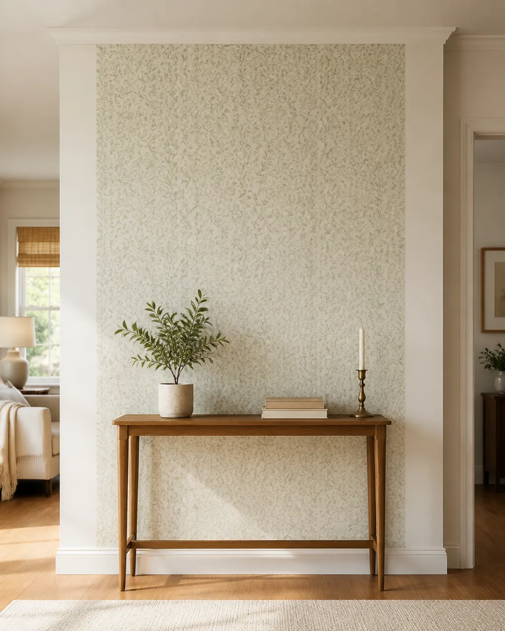 A section of living room wall behind a narrow console table covered in peel-and-stick wallpaper with a subtle botanical pattern in soft green and cream with a small potted plant and brass candleholder