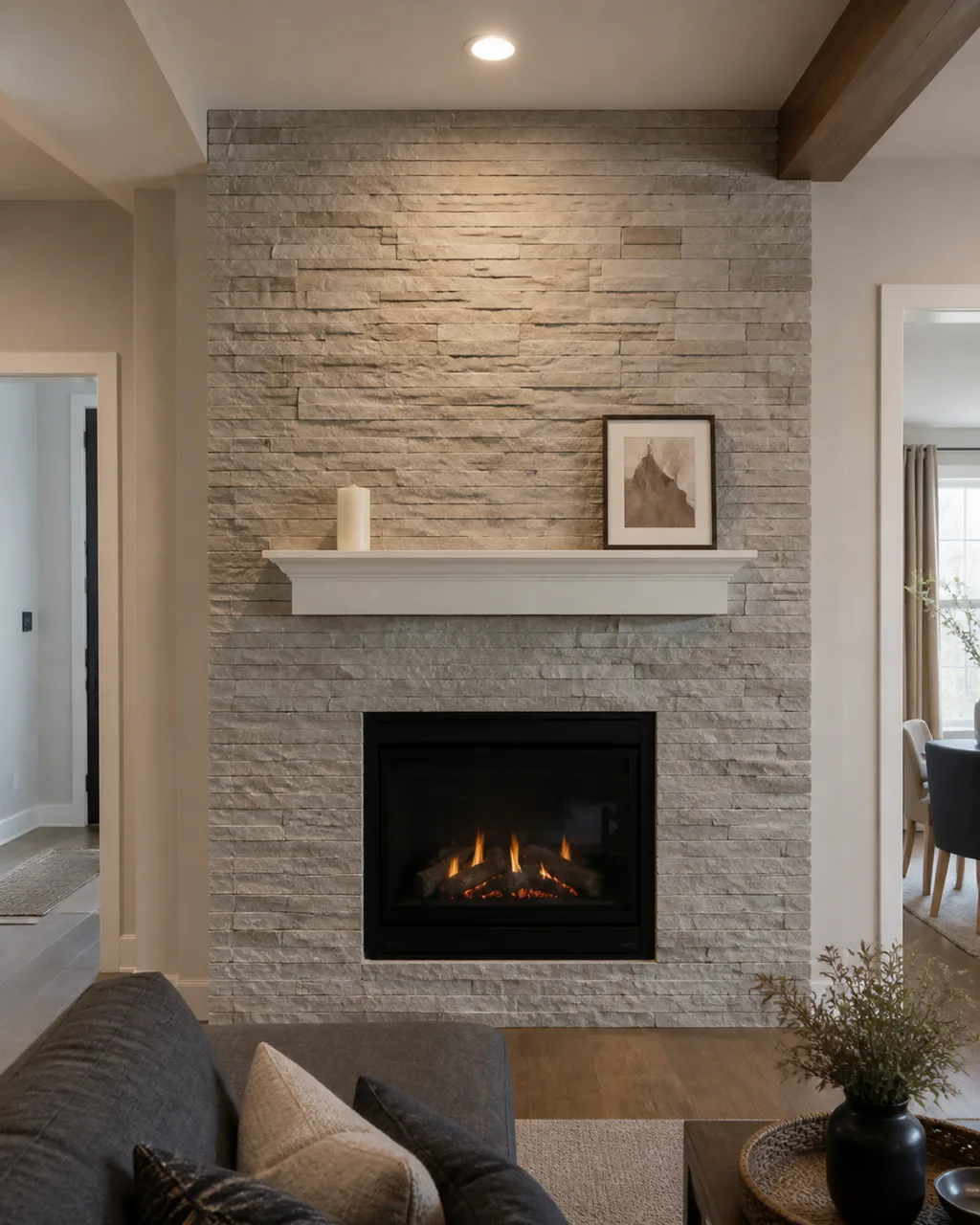 A living room fireplace wall covered in thin stacked stone veneer in warm gray and cream tones floor to ceiling with a simple white mantel shelf holding a candle and small framed print