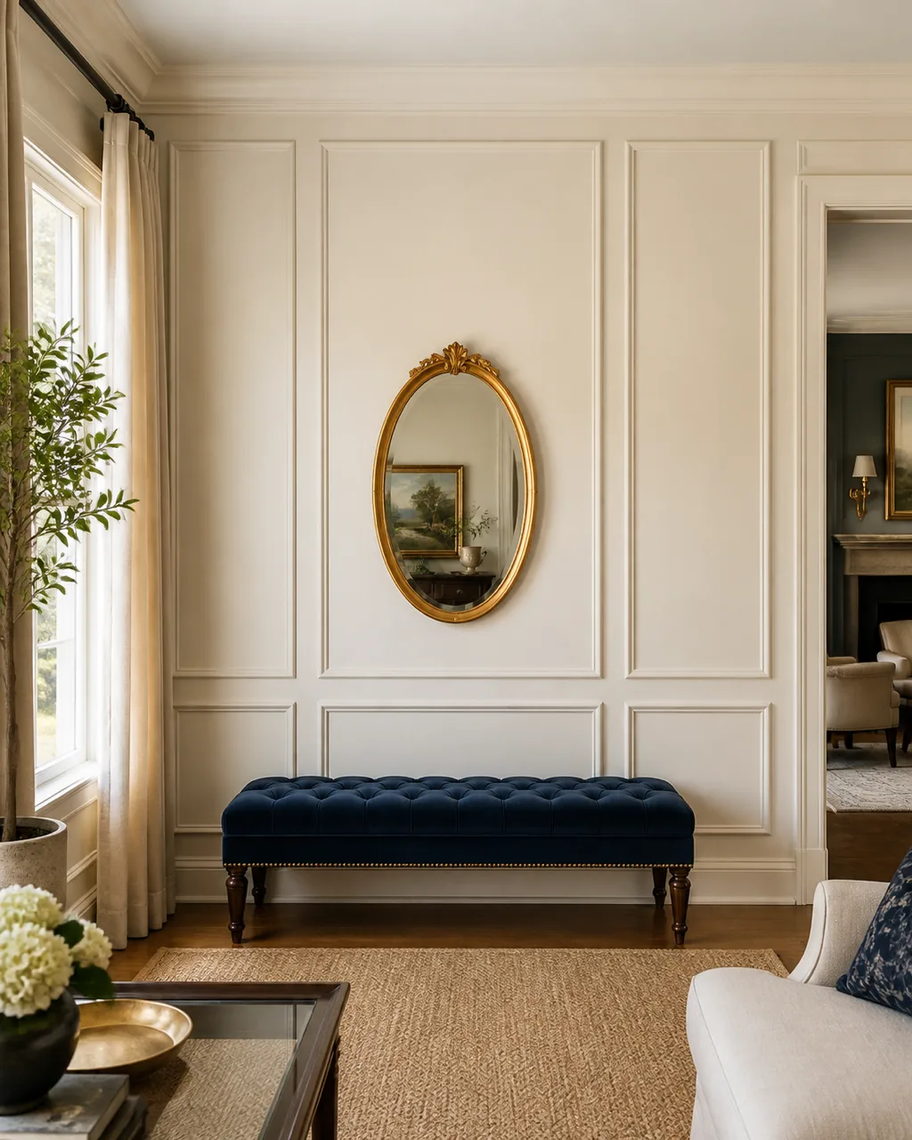 A living room wall with full-height rectangular panel wainscoting painted in soft cream with a tufted bench in navy velvet against the paneled wall and a small gold-framed mirror above