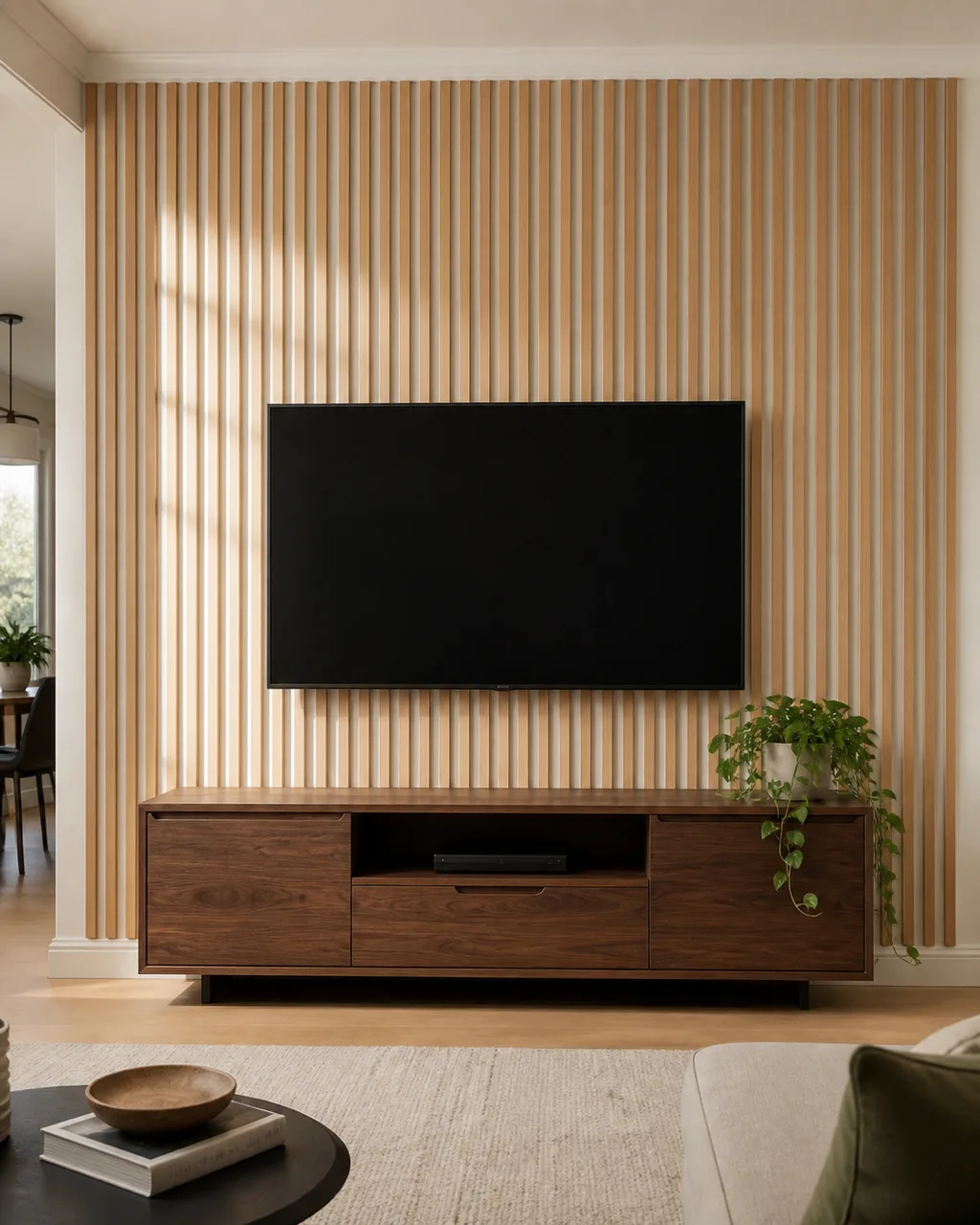 A living room wall covered in evenly spaced vertical light-oak wood slats from floor to ceiling behind a low media console with a TV and a single trailing pothos plant in warm side light
