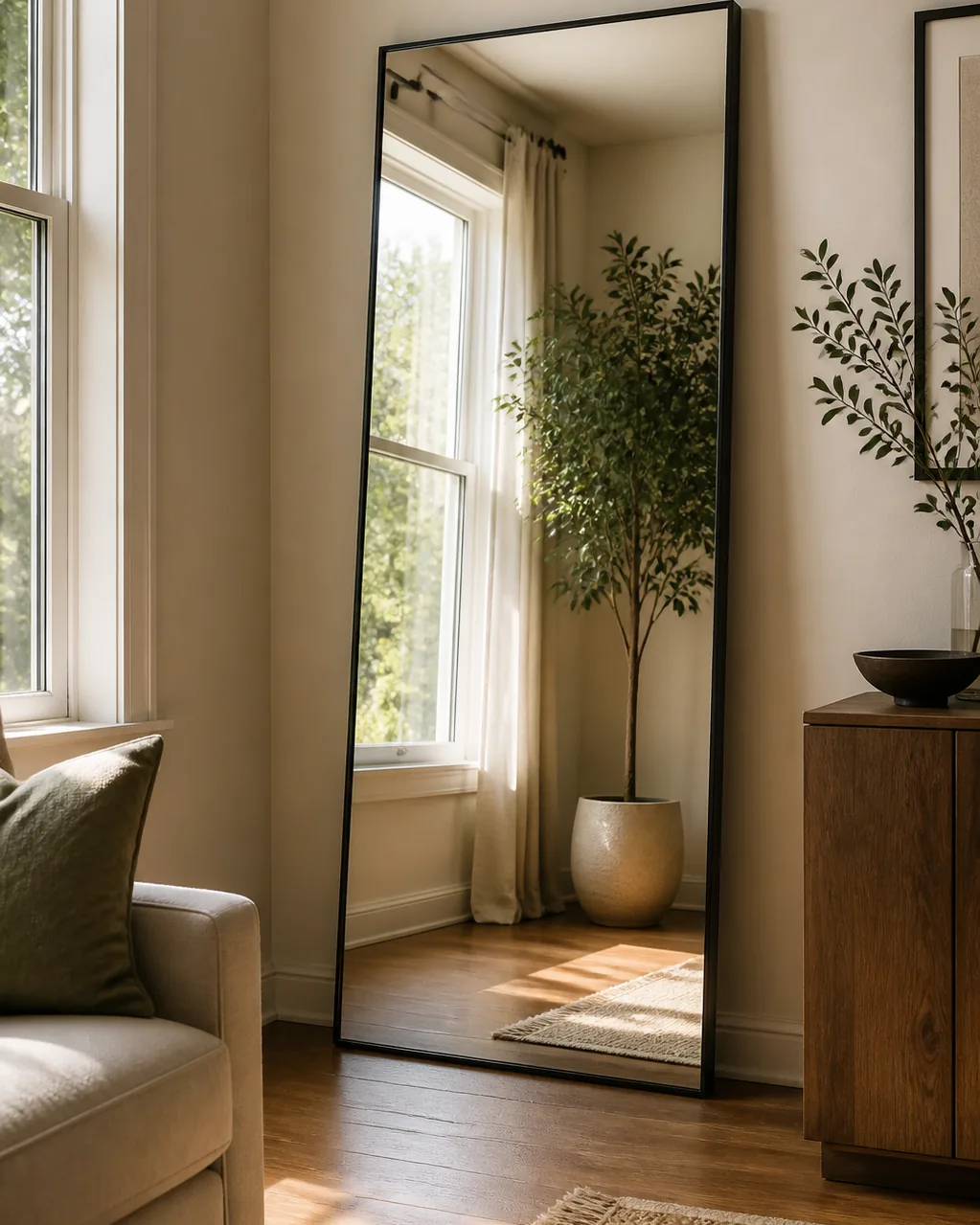 A large rectangular floor mirror leaning against a living room wall opposite a window, reflecting daylight and the window view back into the room