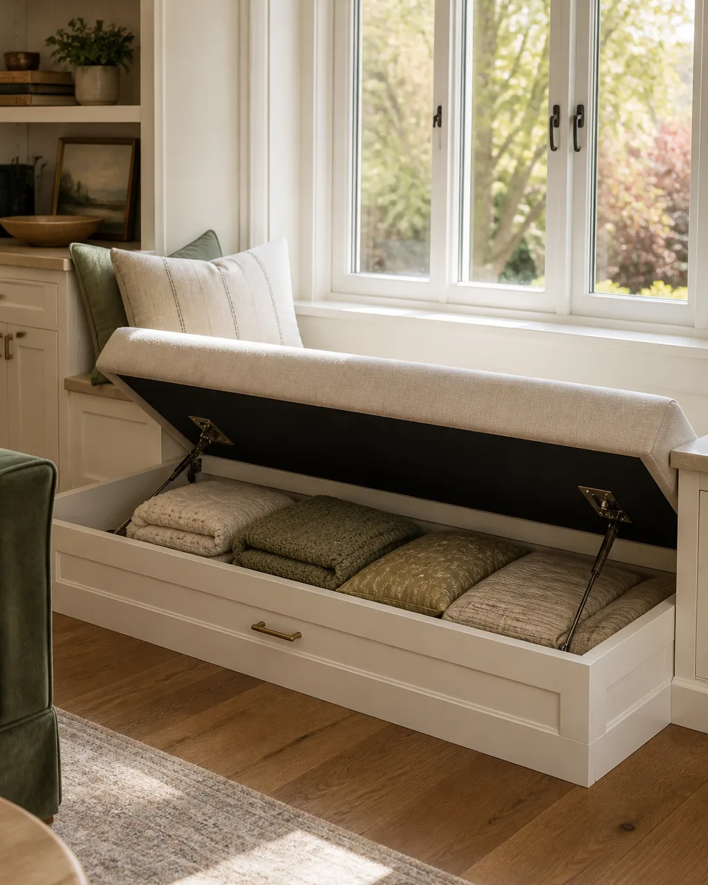 A built-in window bench with a cushioned seat in a living room, the bench seat lifted open to show hidden storage for blankets and pillows inside