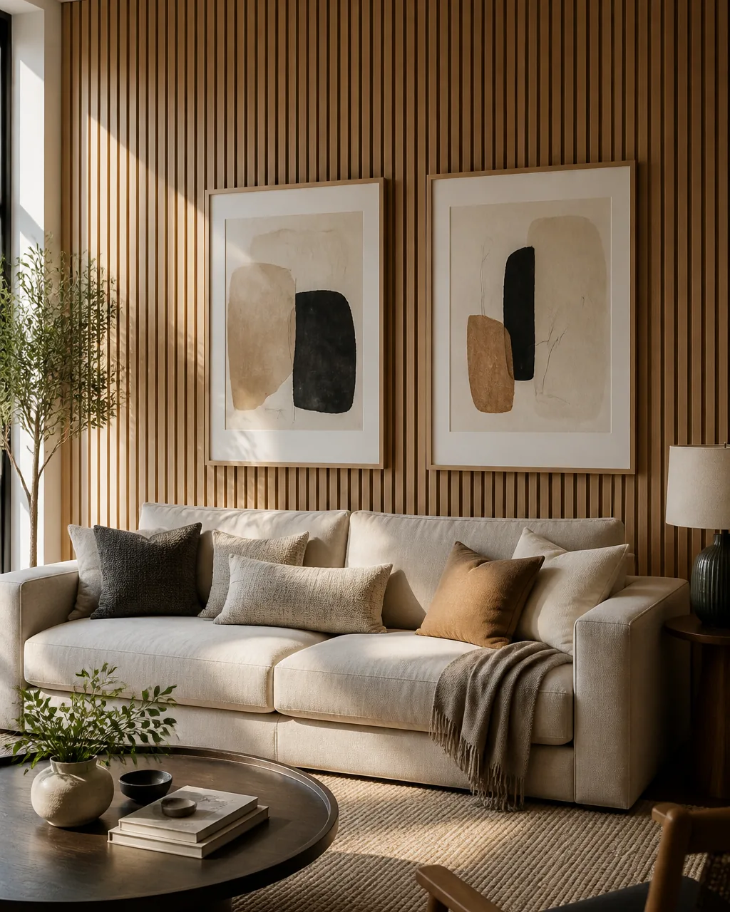 A living room with a vertical wood slat accent wall behind a low-profile sofa, with two framed prints hung on the slatted wall