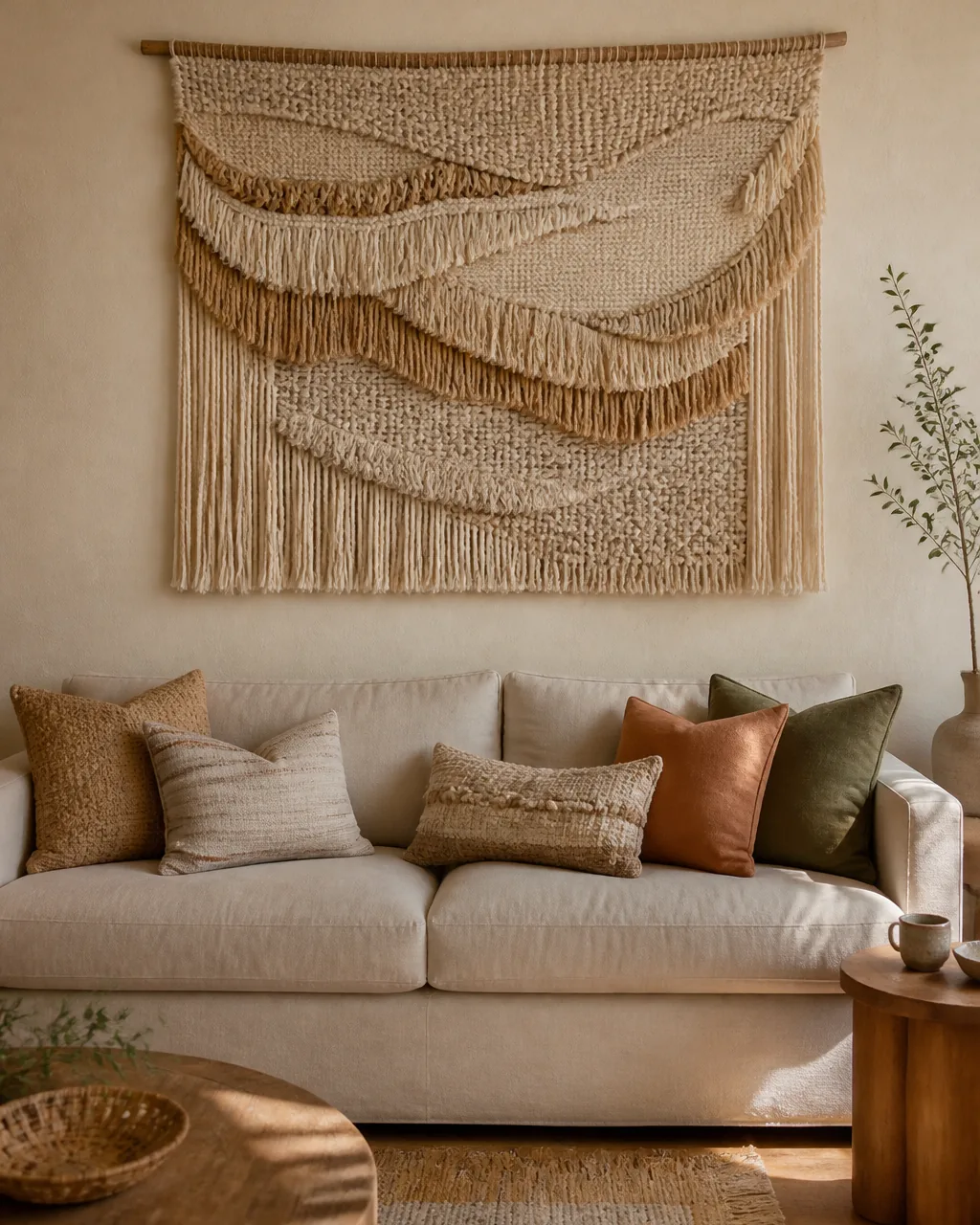 A large woven wall hanging in cream and tan natural fiber macramé above a living room sofa, adding organic texture and dimension to the wall
