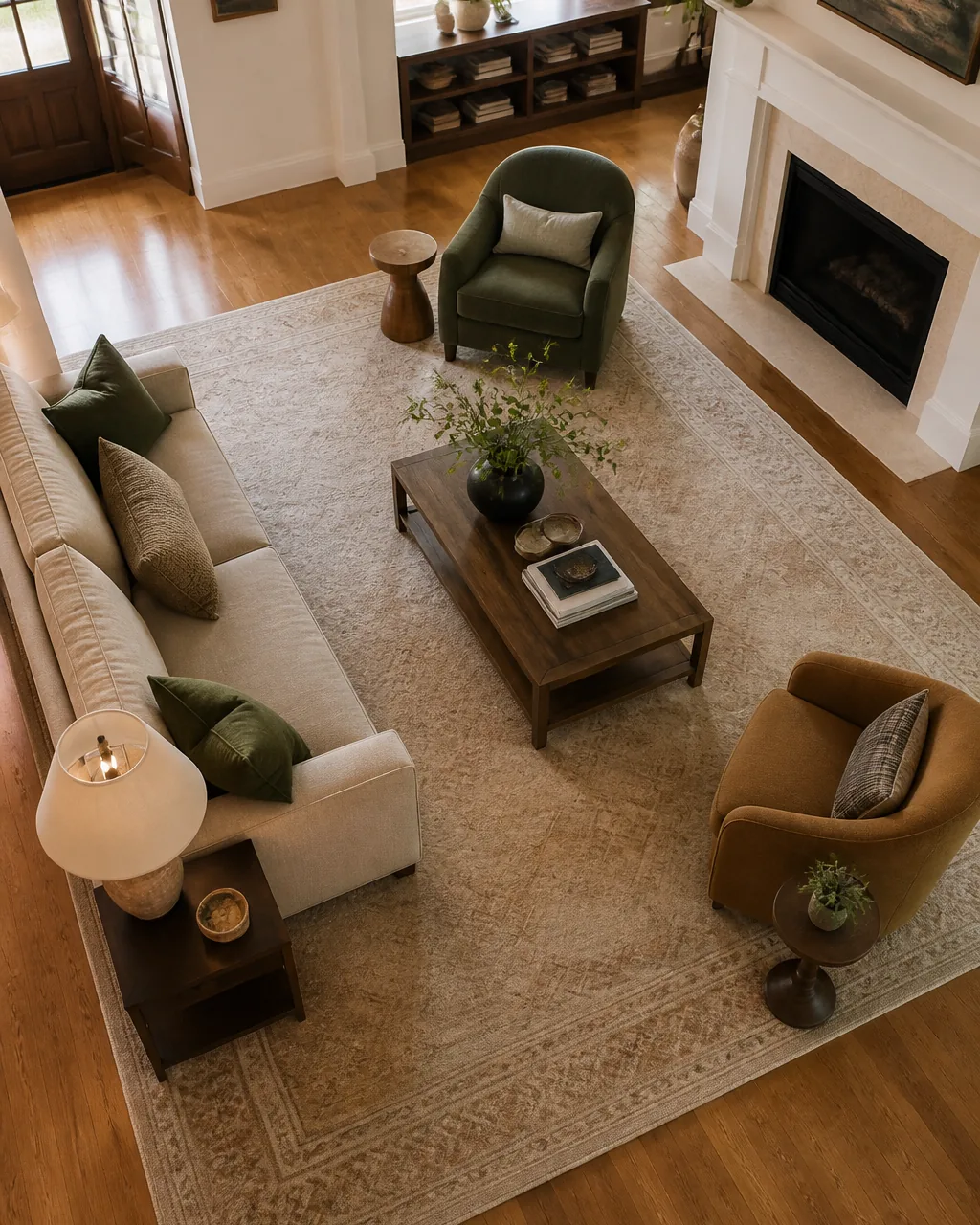 A slightly overhead view of a living room where a large area rug extends under the front legs of the sofa, two armchairs, and a coffee table