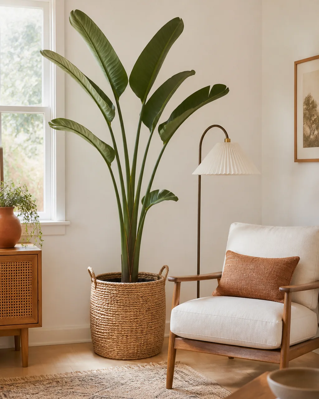 A tall bird of paradise plant in a woven seagrass basket next to a reading chair and floor lamp in a living room corner, functioning as a living sculpture