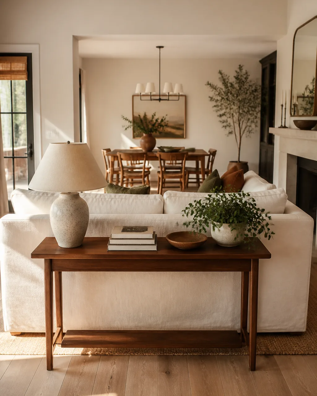 An open-plan living-dining space where a slim console table behind the sofa divides the living zone from the dining area, holding a lamp and books
