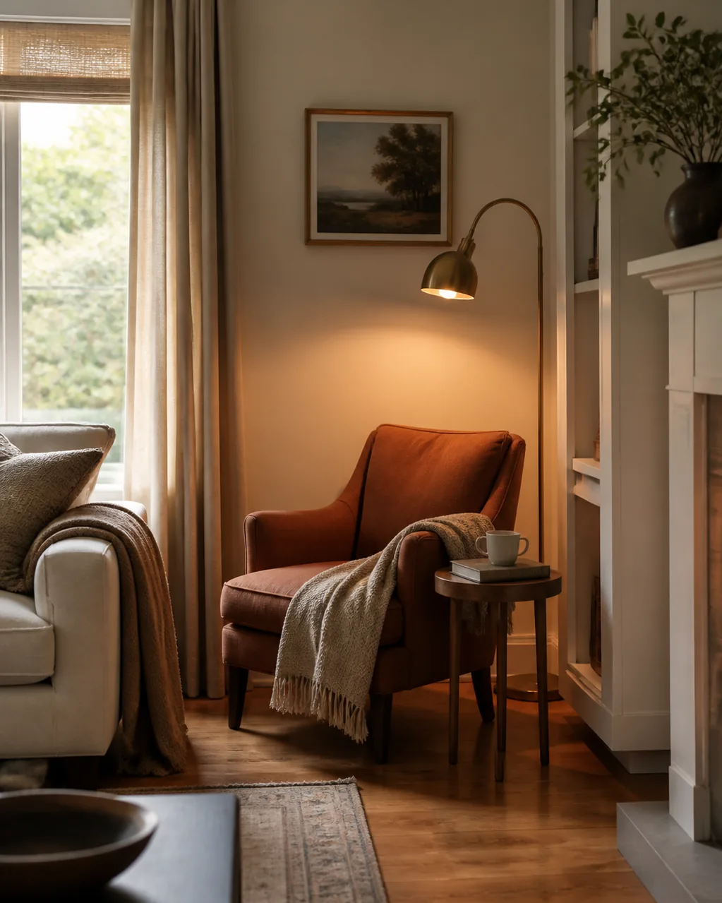 A cozy reading nook in a living room corner with an upholstered accent chair in olive, an arched brass floor lamp behind it, and a small side table with a book