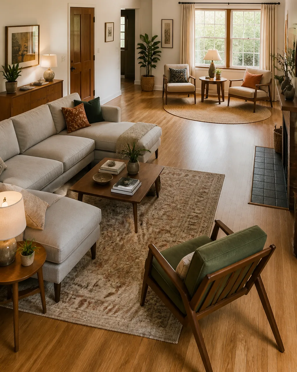 A living room with two distinct seating zones — an L-shaped sofa on one side and a pair of accent chairs near the window, with an open walkway between