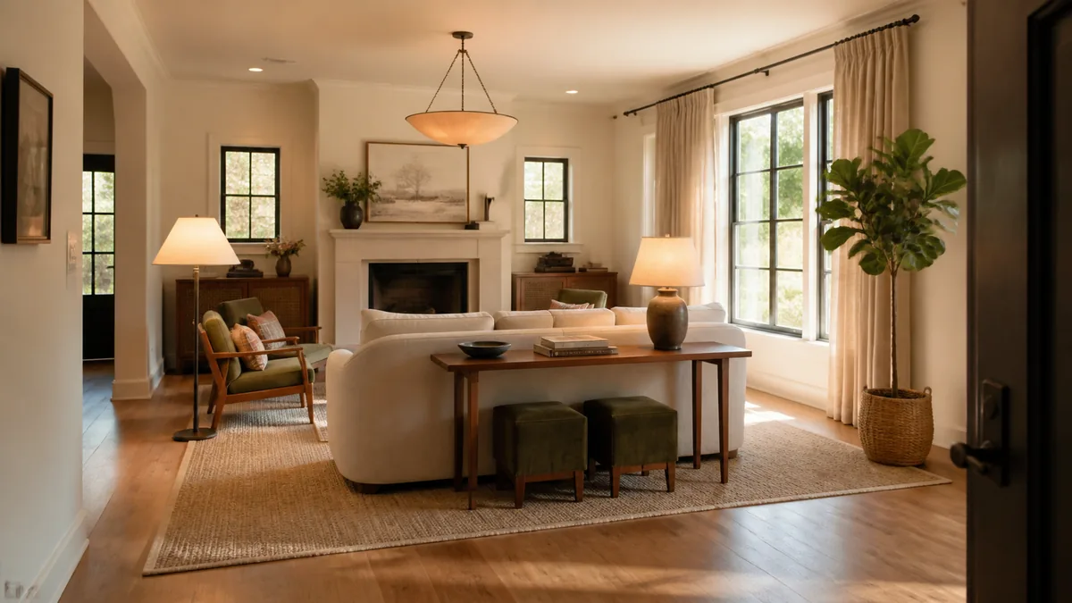 A warm living room with a sofa floated away from the wall, three layers of light, a large area rug anchoring the seating group, and a fiddle leaf fig by the window