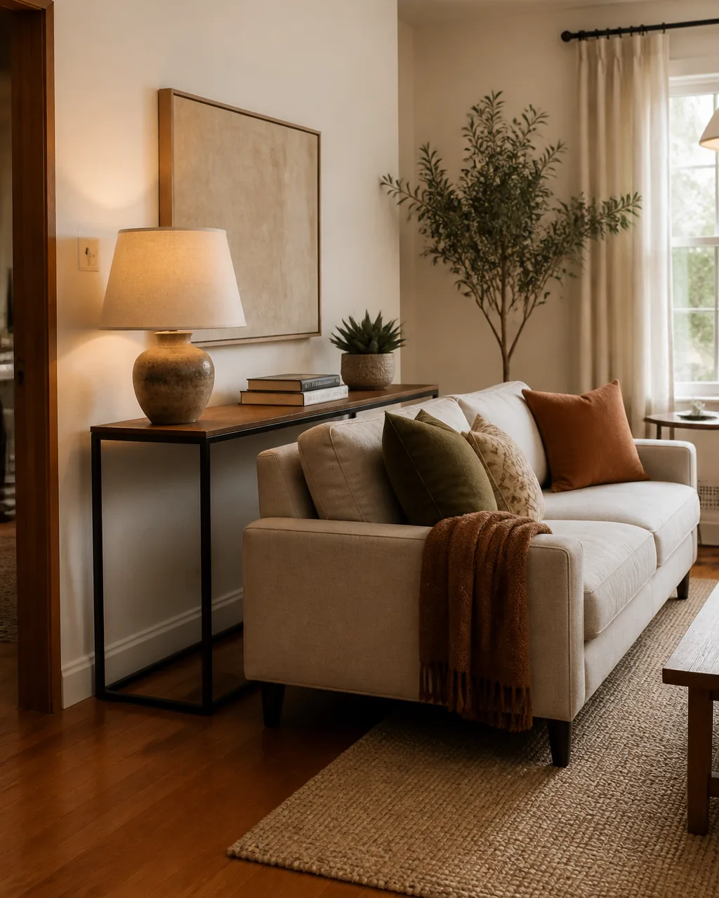 A living room sofa pulled six inches away from the wall, with a slim console table behind it holding a lamp and a small stack of books