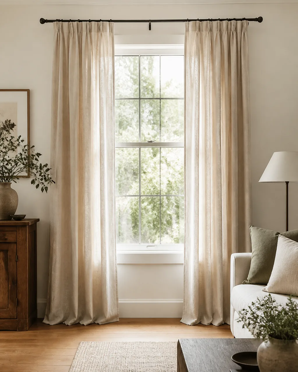 A living room window with linen curtain panels hung from a rod four inches above the frame and extending beyond each side, floor-length panels touching the hardwood