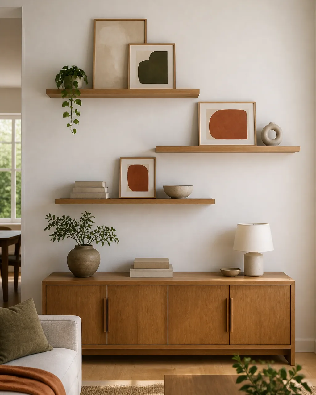 Three floating oak shelves at staggered heights above a credenza, holding leaning art prints, a trailing pothos, and horizontal book stacks