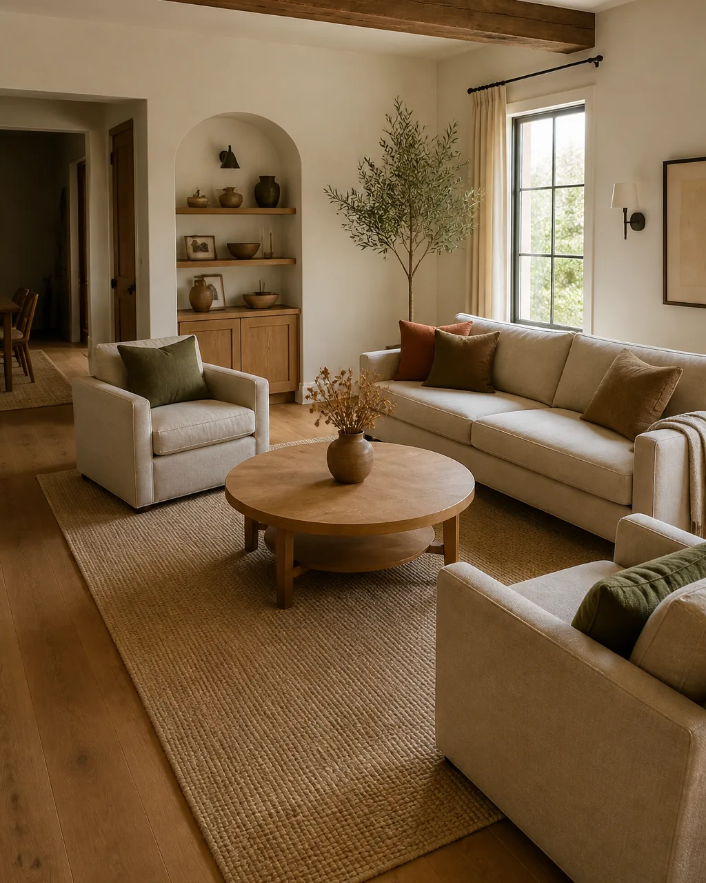A living room with a round wood coffee table at the center of a rectangular sofa and two square armchairs, with a clear walking path around it
