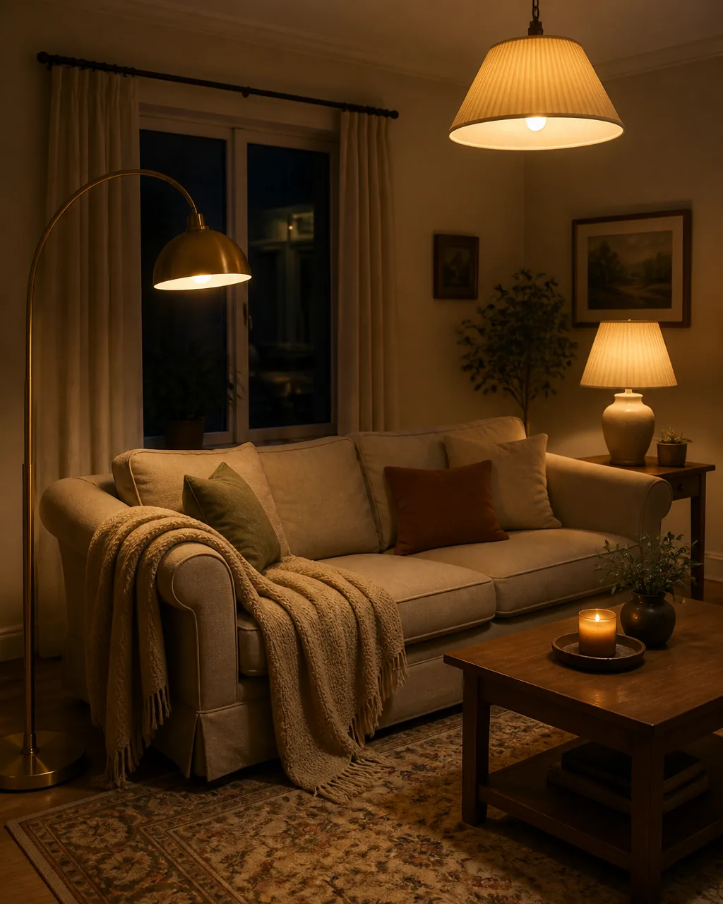 An evening living room scene showing three light sources at different heights — a brass floor lamp, a ceramic table lamp, and a warm pendant overhead