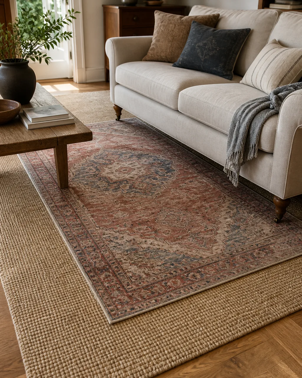 A smaller vintage rug with a faded medallion pattern in warm reds and blues layered on top of a larger neutral jute base rug, with sofa legs visible on the edge