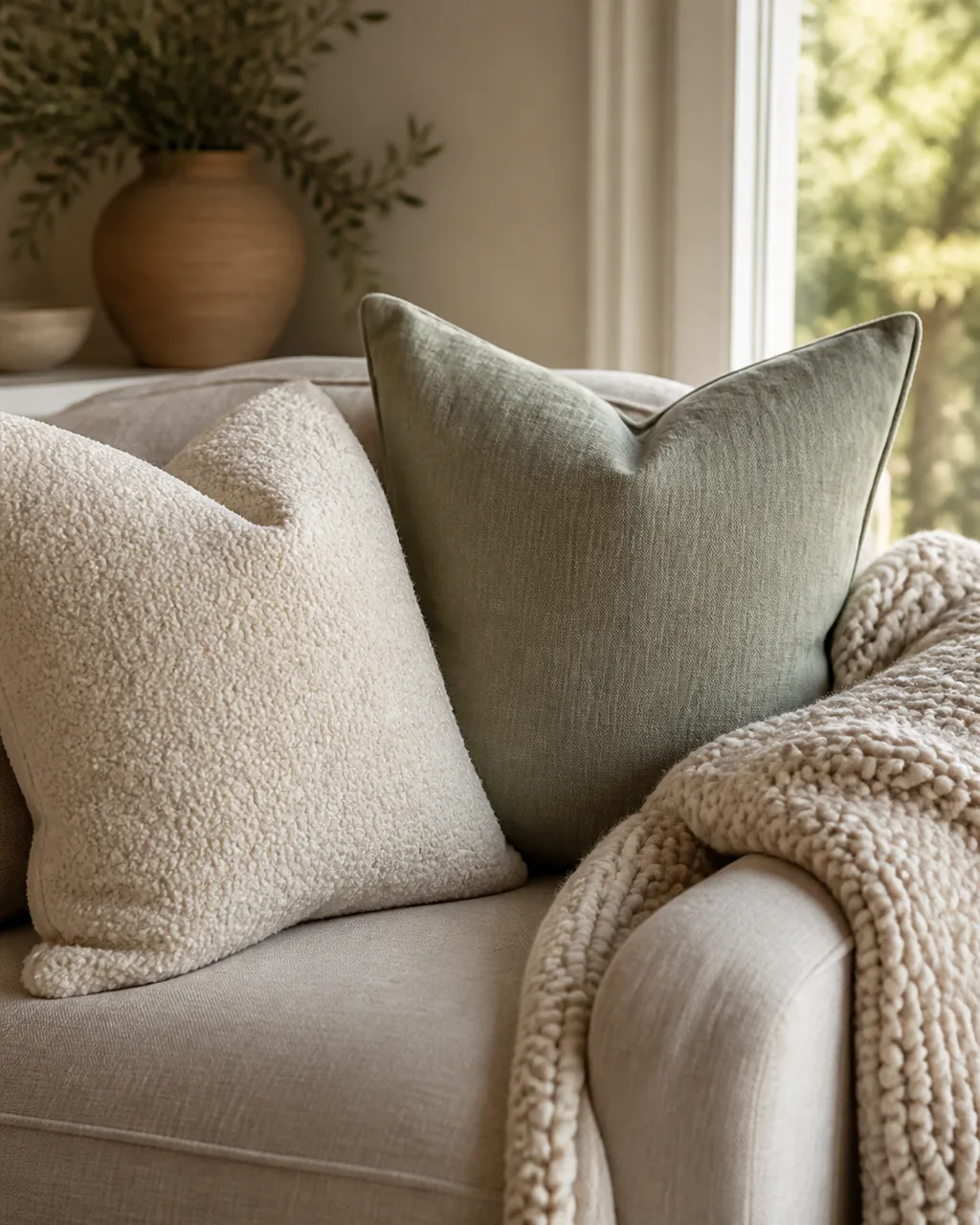 Close-up of a sofa corner with a cream bouclé pillow paired next to a smooth sage linen pillow, with a chunky knit throw draped over the armrest