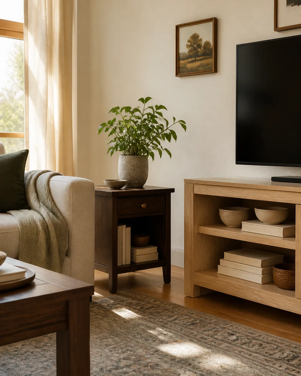 A living room showing two wood tones working together — a dark walnut side table next to a lighter natural oak TV console, both with warm undertones