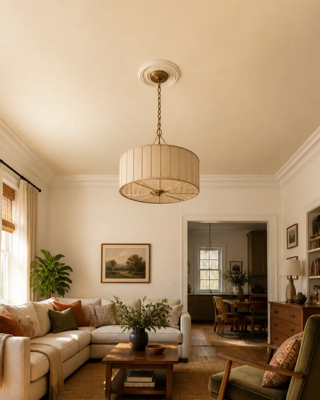 A living room looking upward at a ceiling painted a soft warm cream, with crown molding visible at the junction showing contrast with white walls