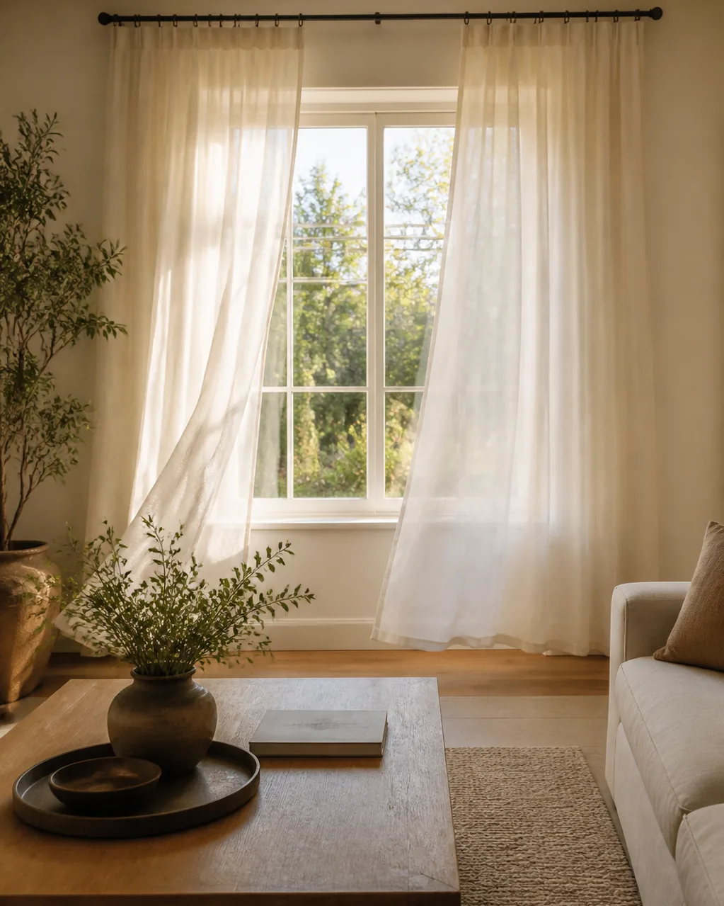 A living room window with lightweight sheer linen panels in off-white, gently billowing with a breeze and filling the room with soft diffused daylight