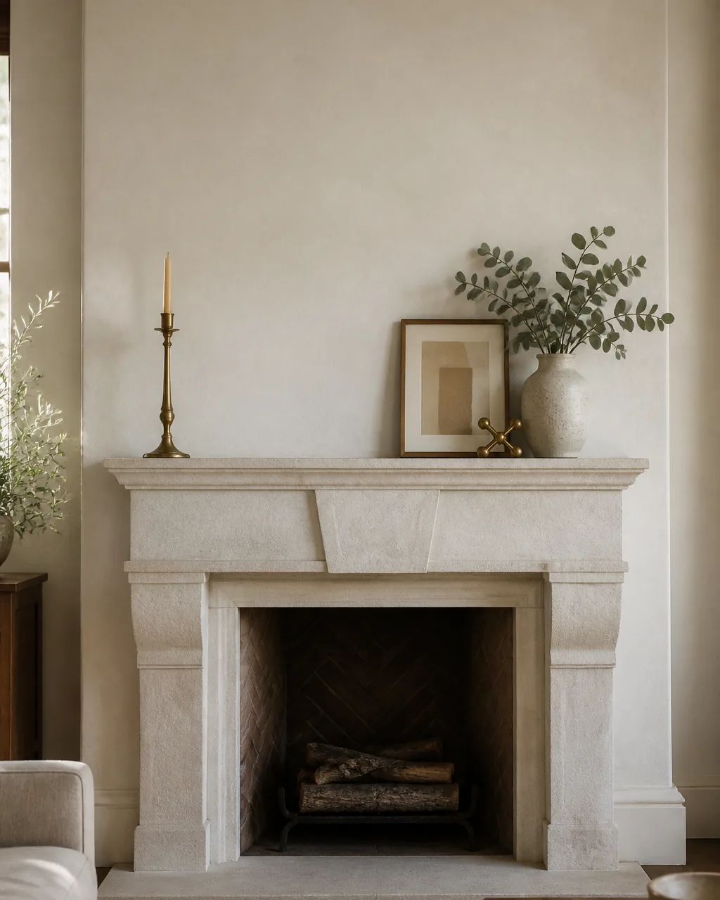A fireplace mantel styled asymmetrically — one tall candlestick on the left, and a cluster of a framed print, ceramic vase, and small brass object on the right