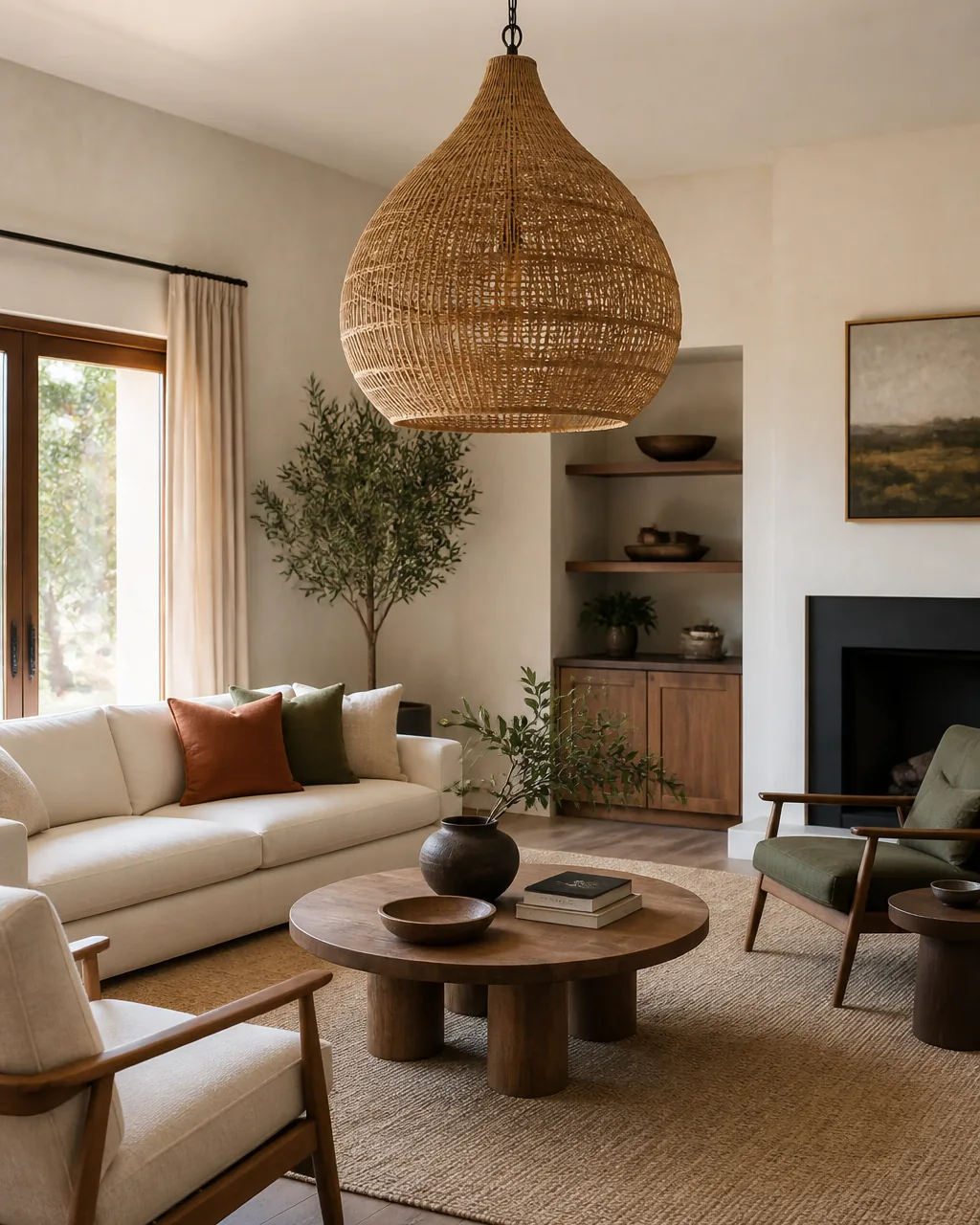 A living room with a sculptural woven rattan pendant light hanging centrally above a coffee table, serving as the room's visual focal point