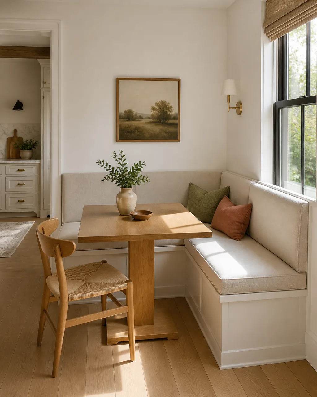An L-shaped built-in banquette with cream upholstery fitted into a corner beside a window with a small square table and one chair on the open side in warm morning light