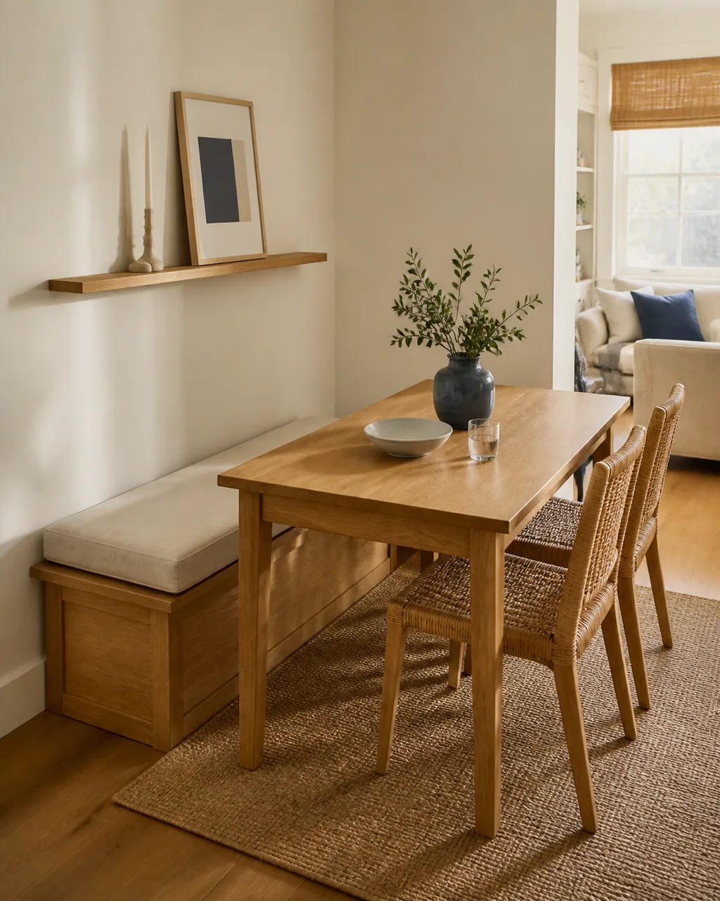 A simple wooden bench with a thin linen cushion pushed against a white wall beside a small rectangular dining table with two woven rattan chairs on the opposite side in warm afternoon light