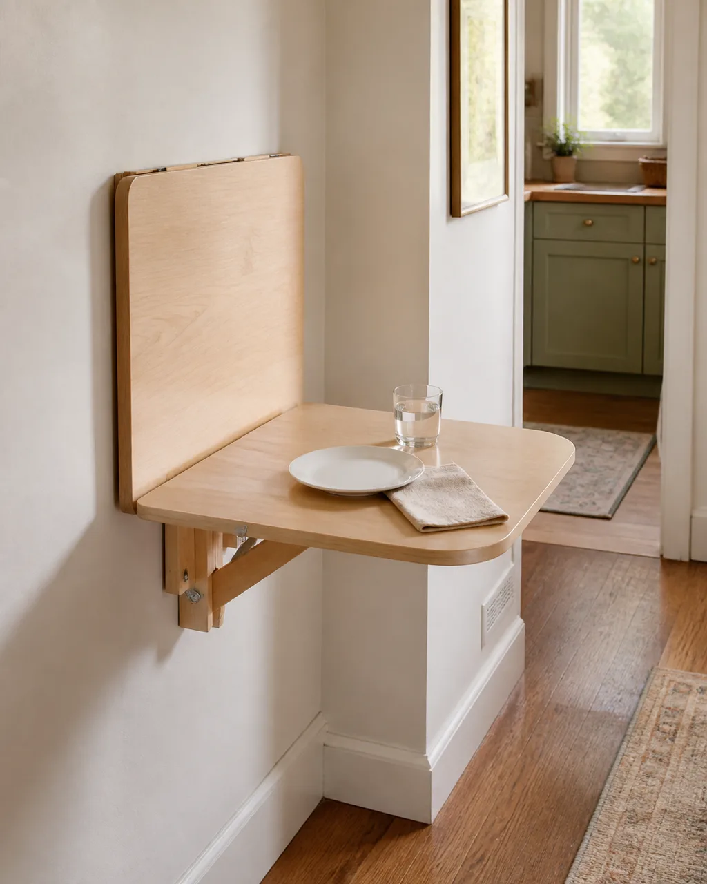 A small wall-mounted drop-leaf table in light birch folded down with a single place setting of a white plate and linen napkin near a window with warm side light