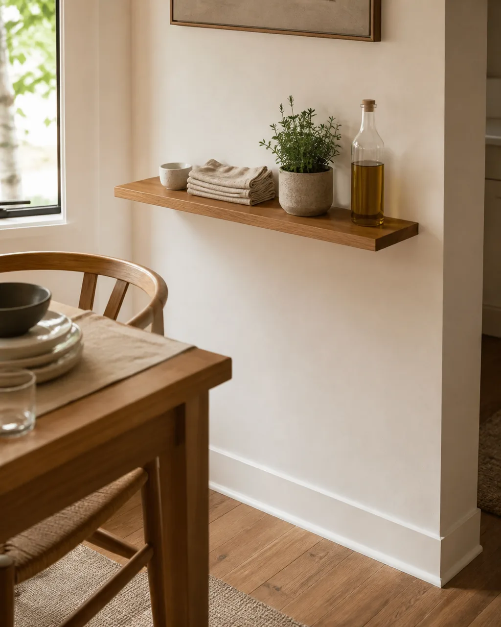 A narrow floating oak shelf mounted at hip height on a white wall next to a small dining table holding a ceramic salt cellar, folded linen napkins, a small potted herb, and a bottle of olive oil