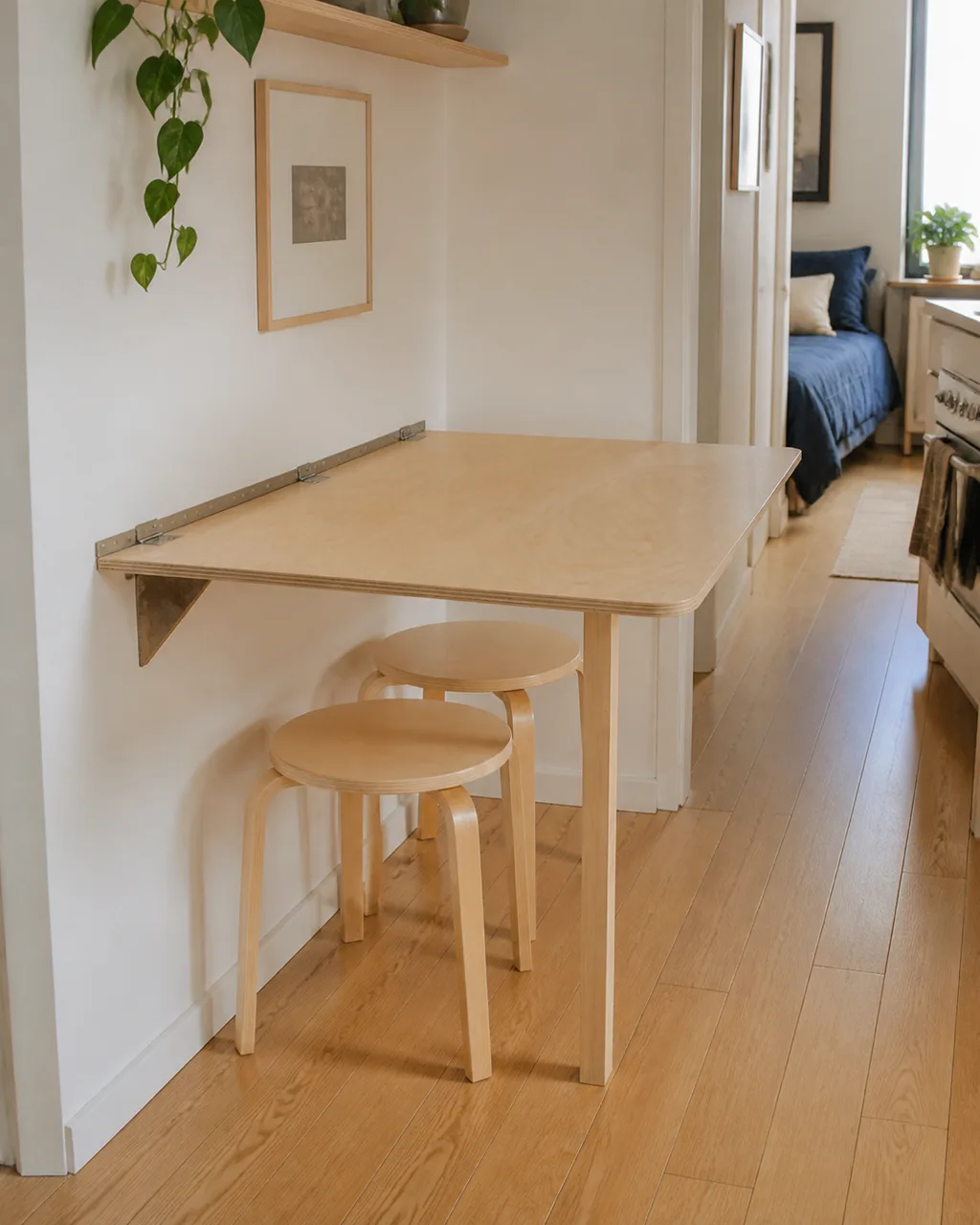 A wall-mounted fold-down table in natural birch plywood in the folded-down position with a single support leg extended and two wooden stools tucked underneath in a narrow studio apartment with morning side light