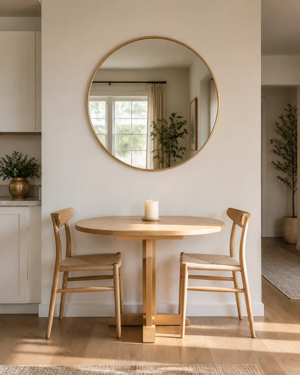 A large round mirror with a thin brass frame mounted on the wall behind a small dining table for two reflecting a window on the opposite wall in warm afternoon light