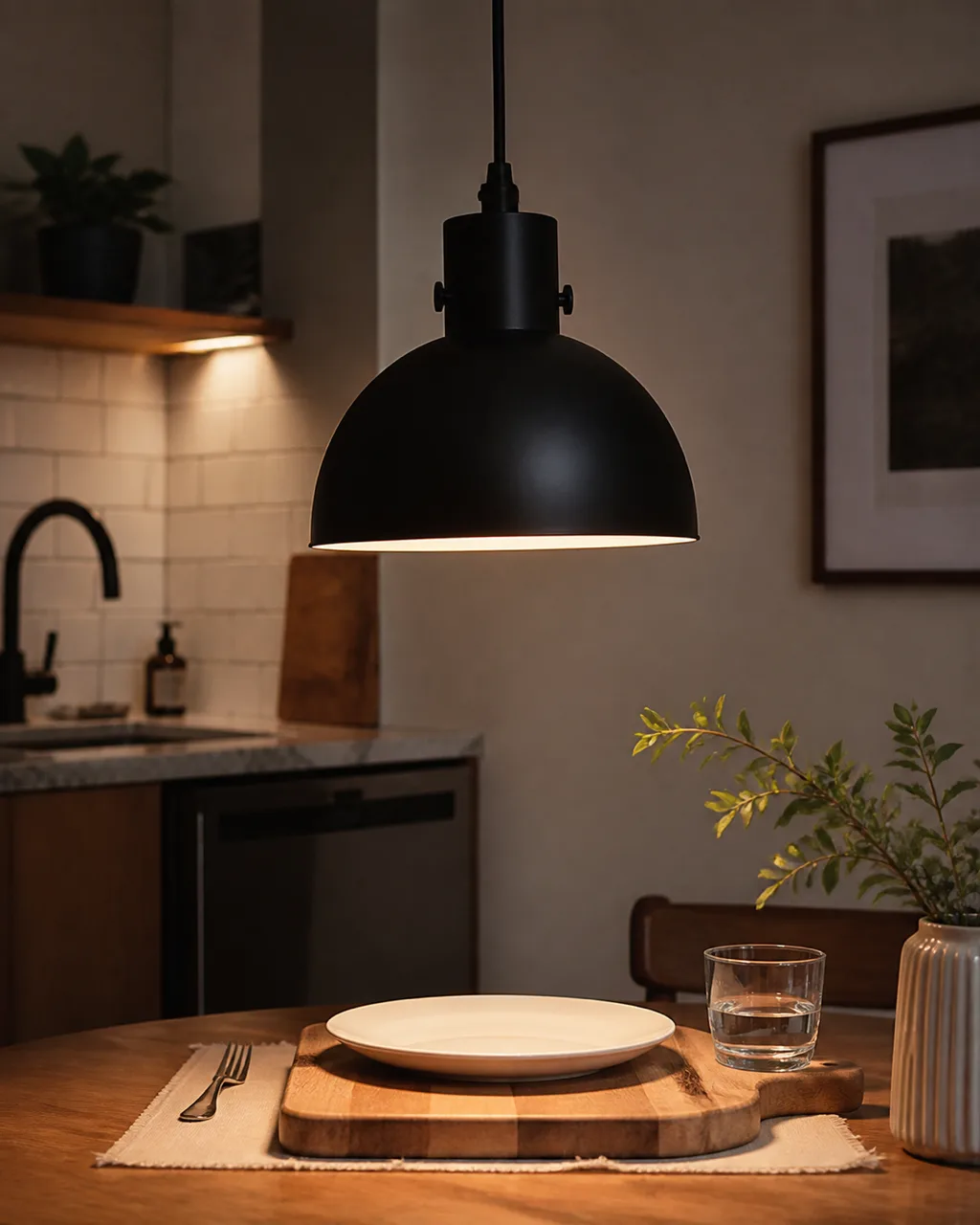 Close-up of a matte-black dome pendant light hanging low over a small dining table casting a warm pool of light on a white plate and wooden cutting board below