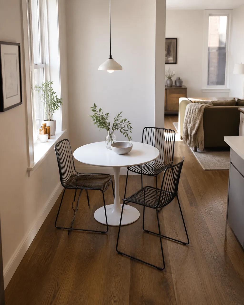 A 36-inch round white tulip table with three slim black wire chairs in a corner of a small open-plan apartment with morning light from a side window