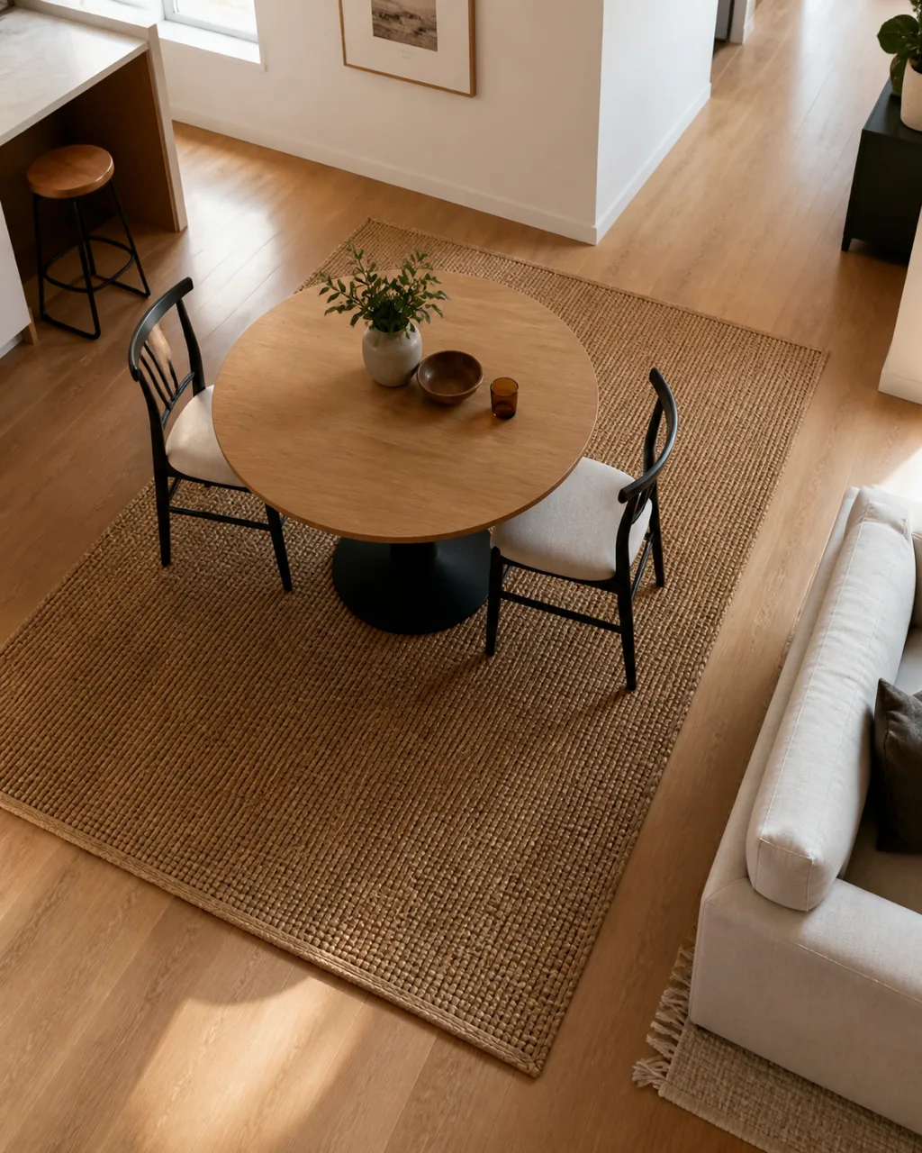 Overhead-angle view of a flat-weave jute rug defining a small dining area in an open-plan apartment with a round table and two chairs on the rug and a sofa edge visible nearby