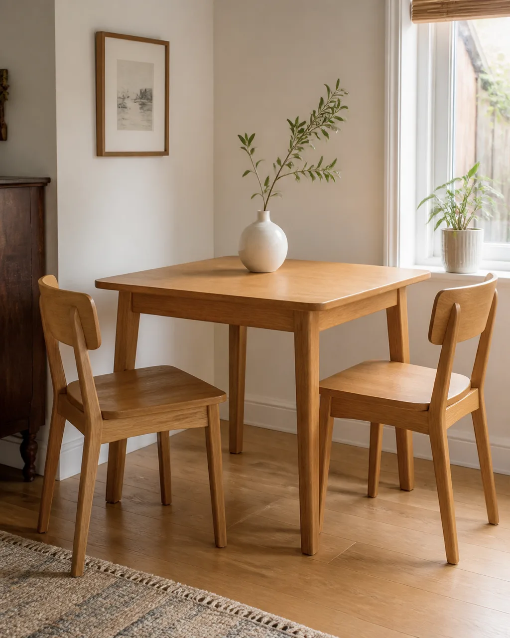 A matched set of all-oak dining furniture with a rectangular table and two chairs in identical warm honey-oak finish in a small dining corner with a single white vase and natural daylight