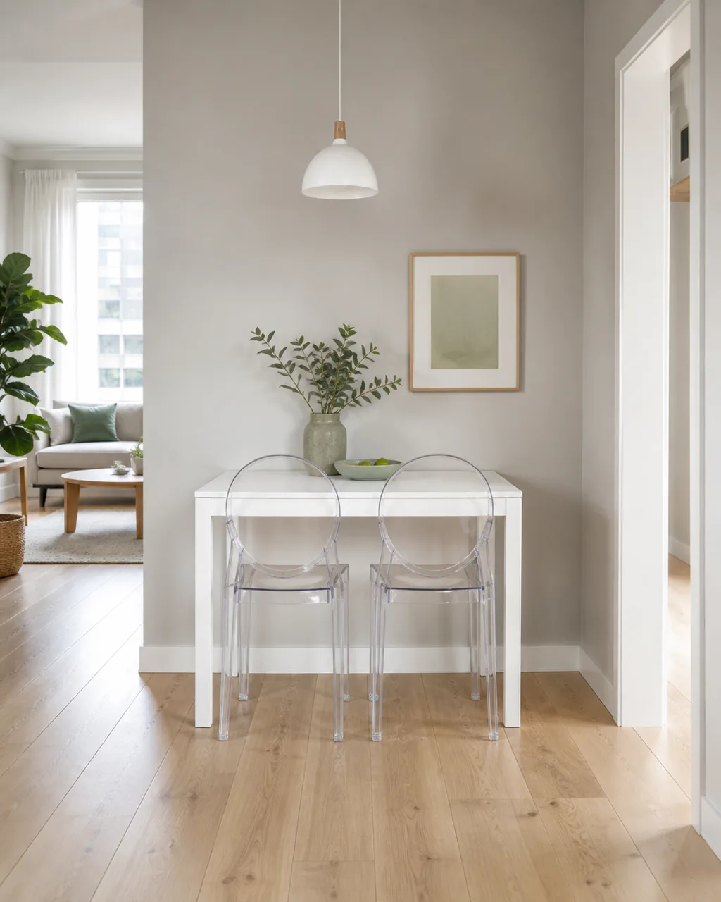 Two transparent acrylic ghost chairs tucked under a small white dining table against a light gray wall with a single pendant light above in morning light