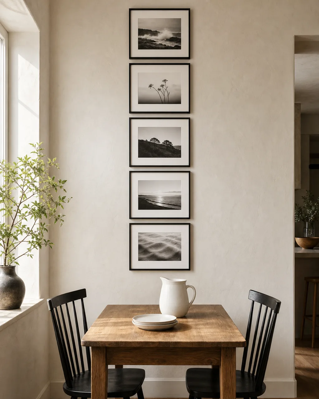 A salon-style cluster of five framed black-and-white prints on the wall directly above a small dining table with a white ceramic pitcher and two stacked plates below in warm side light