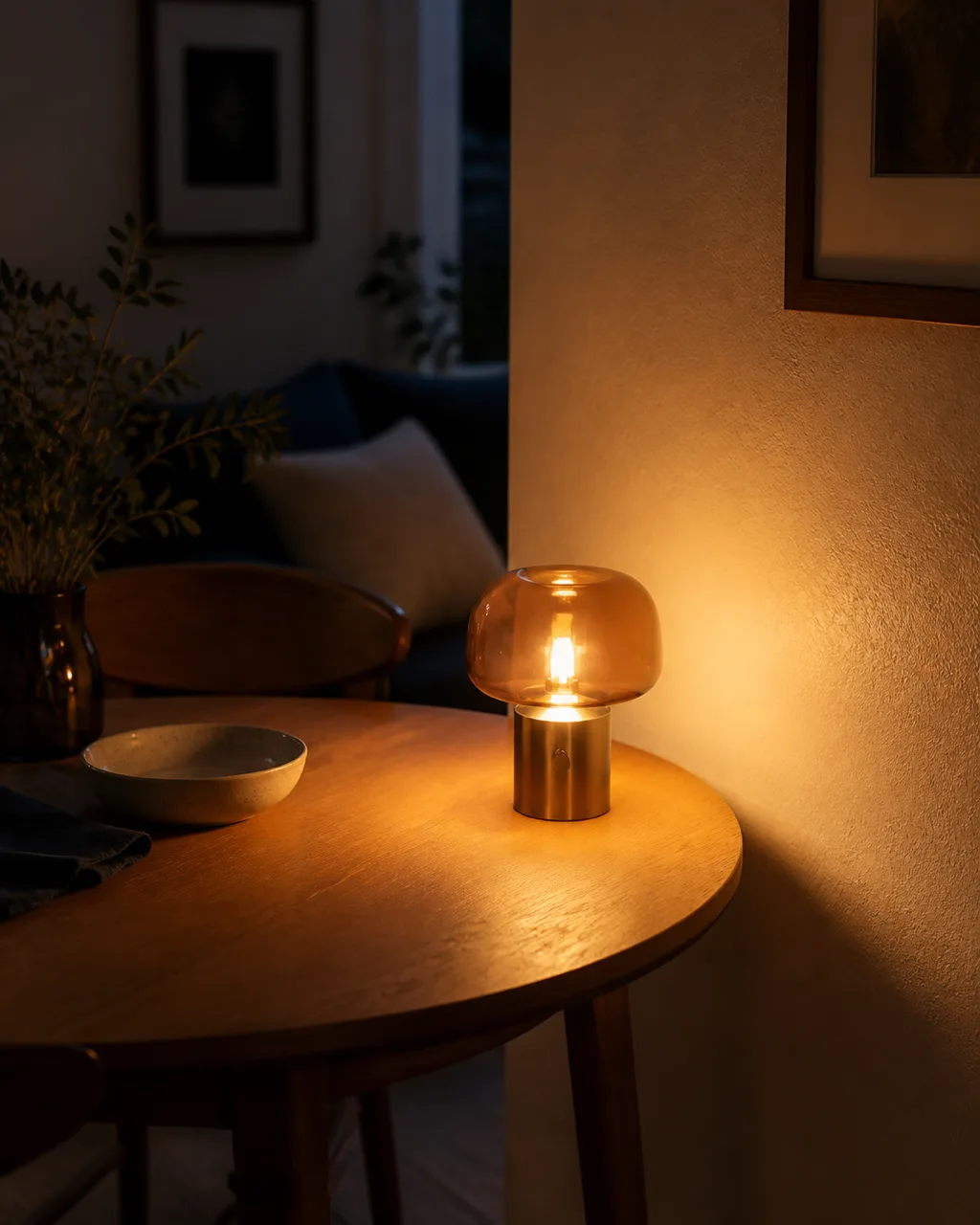 A small rechargeable LED table lamp with an amber glass shade sitting on the corner of a small dining table casting a warm golden pool of light on the table surface in an evening scene