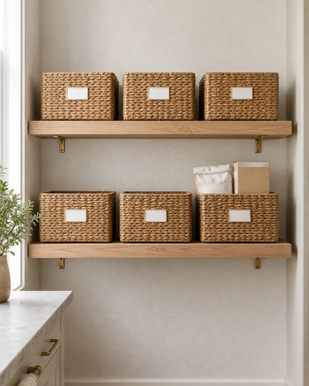 Two floating light oak shelves on a kitchen wall, each holding three matching woven seagrass baskets with small white rectangular front labels, a flour bag and cereal box peeking out of one basket