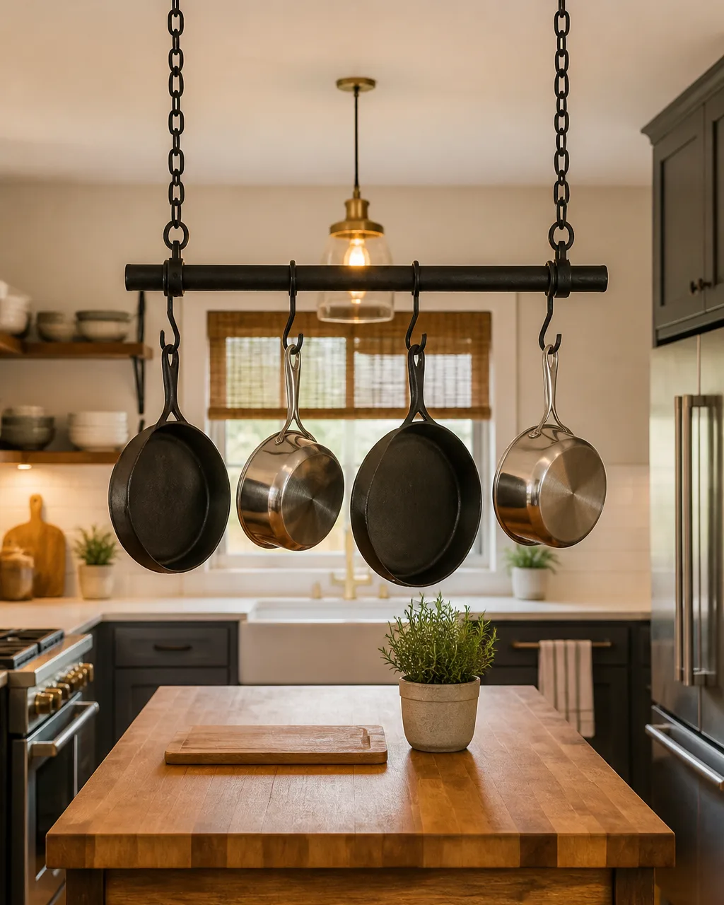 A matte black iron ceiling-mounted pot rack bar hanging over a small kitchen island, with four cast iron and stainless steel pots hanging from S-hooks, a butcher block surface below with a cutting board and herb pot