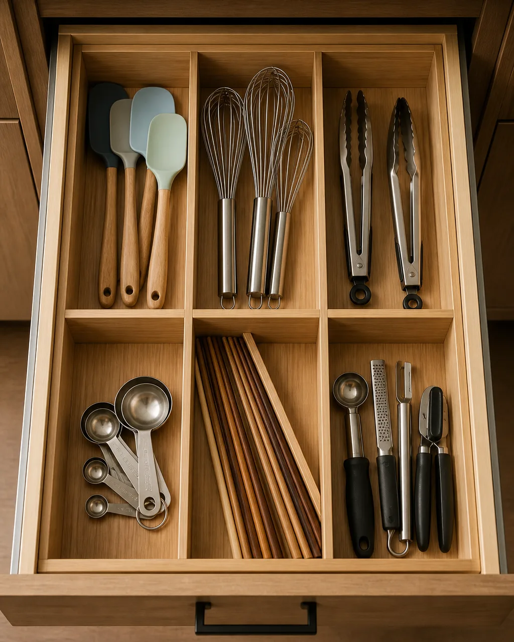 Bird's-eye view of an open kitchen drawer with bamboo dividers creating six neat sections for spatulas, whisks, tongs, measuring spoons, chopsticks in an angled insert, and miscellaneous tools