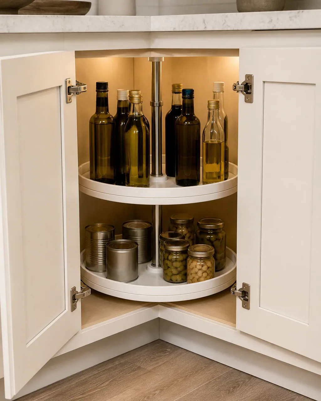 An open corner kitchen cabinet revealing a two-tier white Lazy Susan turntable with tall olive oil and vinegar bottles on the upper tier and short canned goods and jars on the lower tier