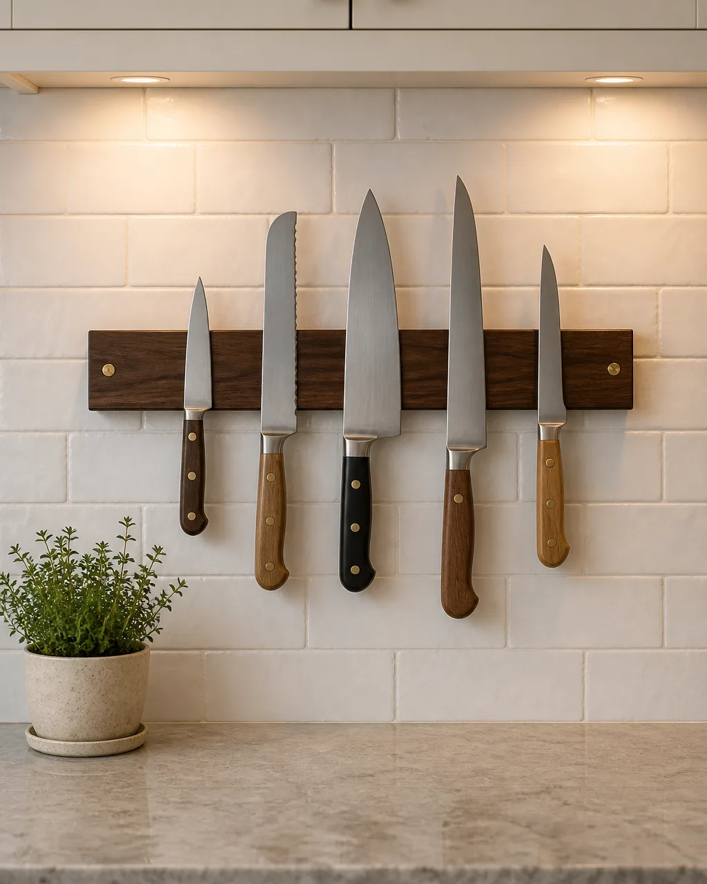 A dark walnut magnetic knife strip mounted horizontally on a white subway tile backsplash, holding five kitchen knives of different sizes with staggered handles, a small potted herb on the counter below