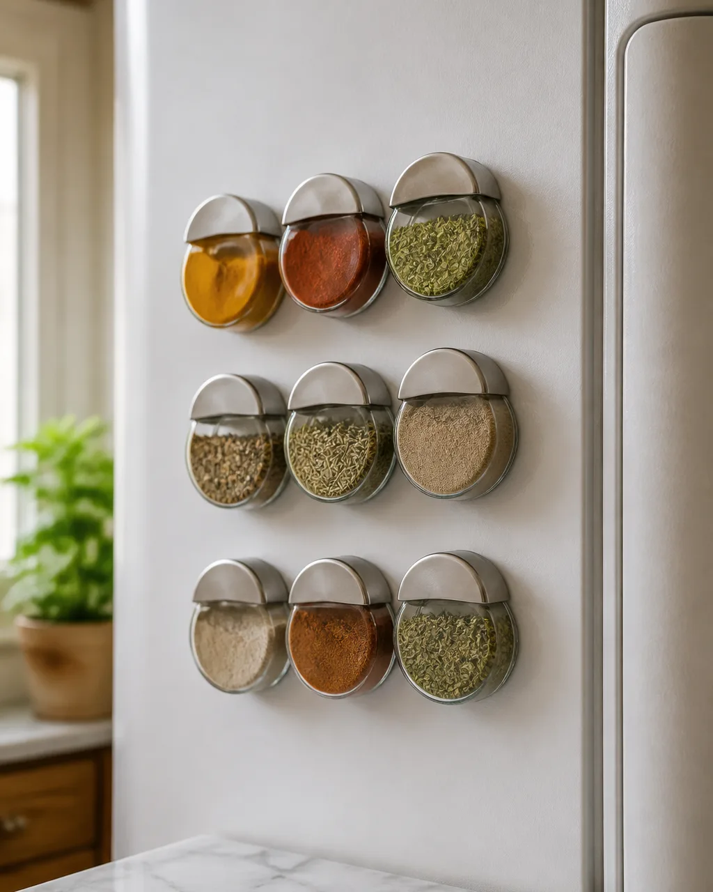 Nine glass magnetic spice jars arranged in three neat rows on a white refrigerator side panel, each holding a different colored spice, with a marble countertop edge visible below