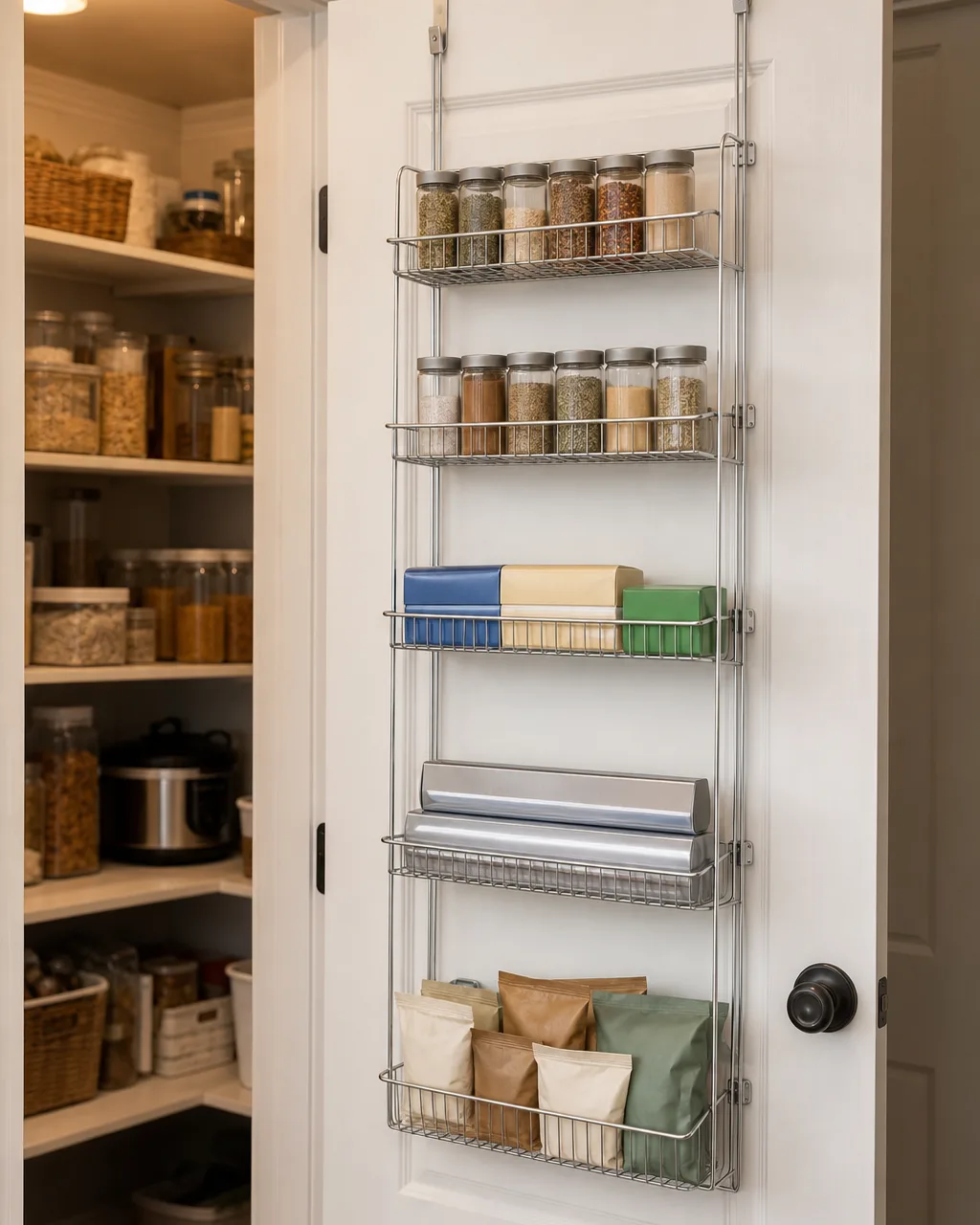 The back of an open white pantry door with a five-tier chrome wire over-the-door rack holding spice jars, foil boxes, cling wrap, and snack packets, with pantry shelves visible behind